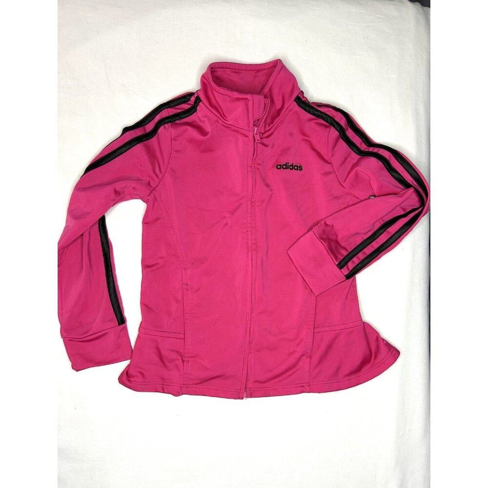 Adidas Jacket Girls 5 Pink Black Zip Track Athletic‎ Three Stripes Logo Peplum